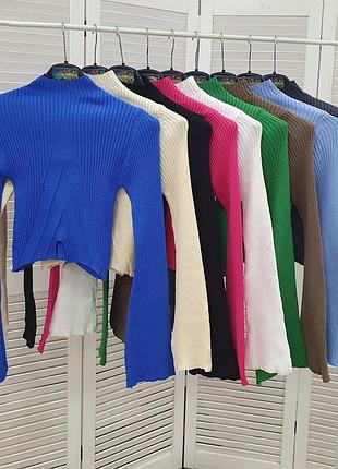 Кроп топ с длинным рукавом укороченный кофта водолазка лонгслив в рубчик с разрезом на талии графит синяя черная молочная белая мокко зеленая голубая