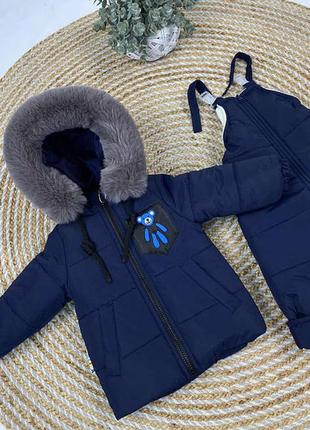 Теплый зимний комплект куртка и полукомбинезон с мишкой синий1 фото