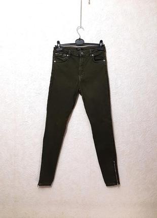 Bershka бренд отличные джинсы зелёные хаки стрейч-котон слимы зауженные замки на штанинах женские1 фото