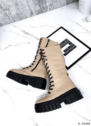 Натуральные кожаные бежевые демисезонные сапоги на шнуровке на черной подошве 37р.8 фото