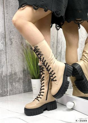 Натуральные кожаные бежевые демисезонные сапоги на шнуровке на черной подошве 37р.4 фото