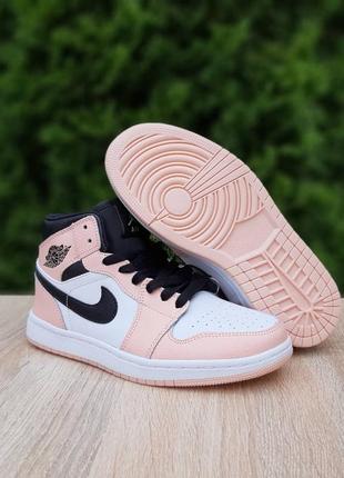 Nike air jordan 1 высокие белые с пудрой кроссовки женские кожаные отличное качество найк джордан осенние кожа8 фото