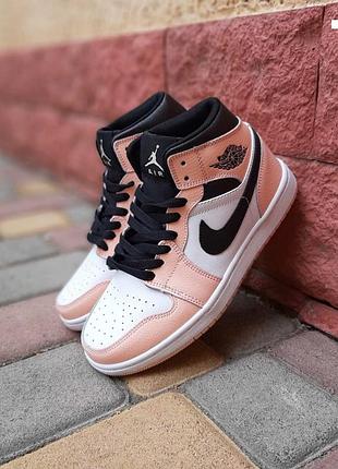 Nike air jordan 1 високі білі з з пудрою кросівки жіночі шкіряні відмінна якість найк джордан осінні шкіра