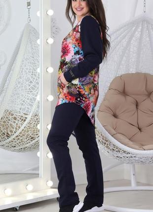 Женский демисезонный повседневный костюм спортивного стиля из  трикотажа двунитка с цветочным принтом 42-52р
