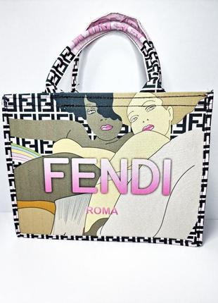 Сумка fendi shopper, сумка фенди шопер текстильная, шопер, сумки шоперы с принтом, shopper, shoper, шоппер