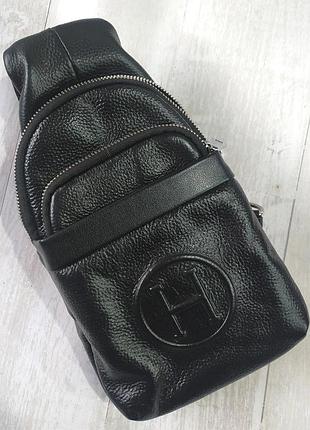 Мужская кожаная сумка слинг на плечо черная, нагрудная сумка, мужские брендовые сумки, сумки мужские кожа