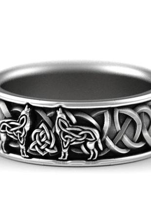 Стильное кельтское кольцо в виде волков и трикветр сила свободы,кольцо стая волков единство и сила,размер 19,52 фото