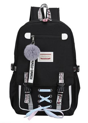 Шкільний рюкзак для дівчинки harvard з usb, замочком і хутряним помпоном, 5 кольорів2 фото