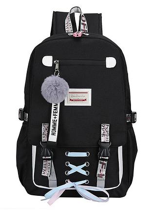 Шкільний рюкзак для дівчинки harvard з usb, замочком і хутряним помпоном, 5 кольорів