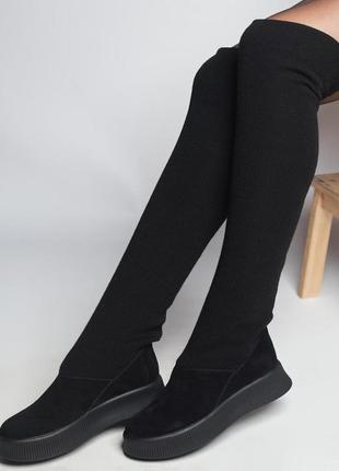 Жіночі зимові чоботи ботфорти замшеві з трикотажним панчохом чорні на чорній підошві sock-20204 фото