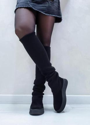 Женские зимние сапоги ботфорты замшевые с трикотажным чулком черные на черной подошве sock-20202 фото