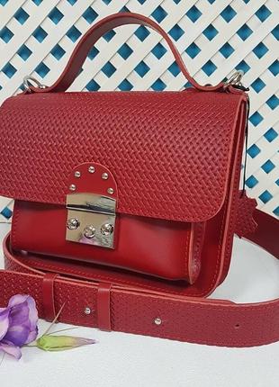 Сумка-клатч женская натуральная кожа, красная матовая с плетенкой 334