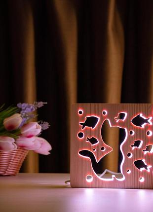 Світильник нічник arteco light з дерева led "кіт та рибки" з пультом та регулюванням кольору, rgb9 фото