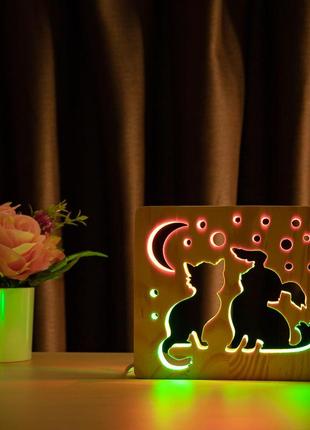 Светильник ночник arteco light из дерева led "кот и собачка" с пультом и регулировкой цвета, двойной rgb10 фото