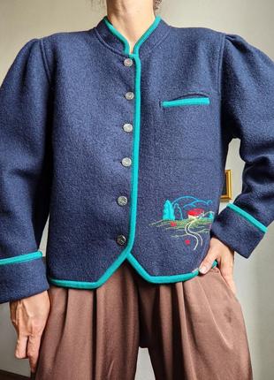 Пиджак винтажный жакет синий шерсть вышивка l xl прямой оверсайз5 фото