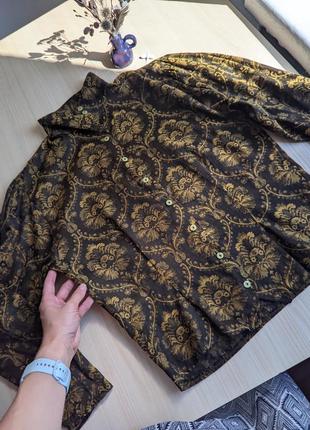 Блузка вінтажна сорочка жакард золото чорна комір стійка старовинний s m віскоза6 фото