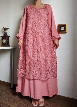 Платье розовое кружево длинное в пол макси нарядное пышное вечернее l хлопок свободного кроя вискоза2 фото