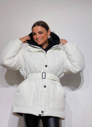 Куртка курточка белая зима теплая с поясом по ремне пуховик5 фото