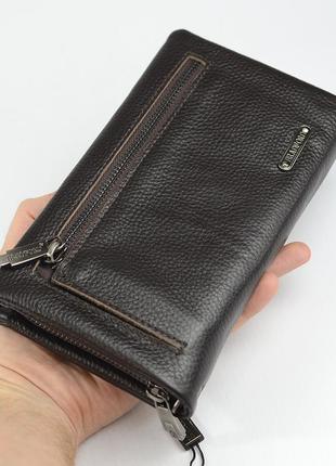 Коричневий шкіряний чоловічий клатч гаманець на блискавці, класична сумочка клатч з натуральної шкір2 фото