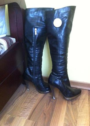 Сапоги женские кожаные черные на большом каблуке, 36 размер.