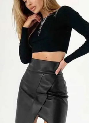 Черная мини-юбка женская кожаная стильная модная замшевая екокожа брендовая amisu1 фото