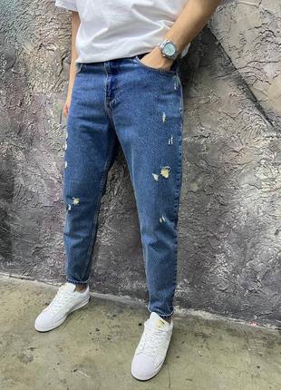 Стильні молодіжні джинси з потертостями темно сині / базові класичні штани чоловічі чоловічі