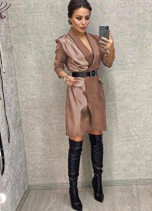 Стильна сукня піджак з поясом комбінований з еко шкірою на запах