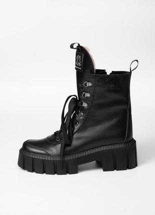 Черные кожаные зимние ботинки на шнуровке с молнией 36 размера