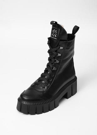 Черные кожаные зимние ботинки на шнуровке с молнией 40 размера5 фото