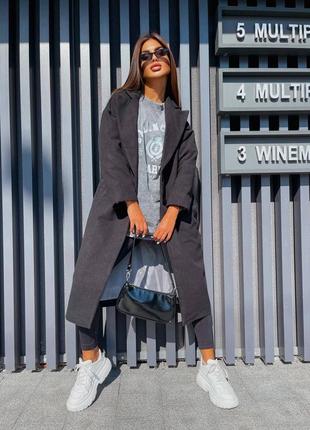 Пальто женское кашемировое свободного кроя на пуговицах с карманами качественное стильное теплое серое графитовое7 фото