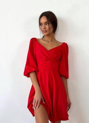 Сукня міні відкриті плечі на запах рукава ліхтарики широка гумка на талії плаття рожева біла червона чорна синя стильна трендова