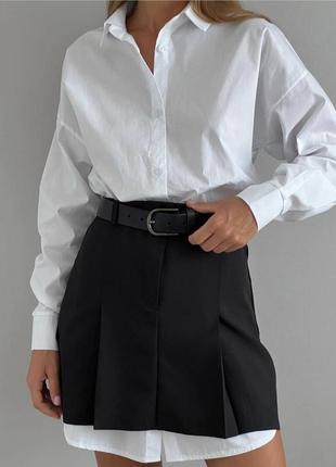 Костюм двойка рубашка платье удлиненное с рукавами со спущенным плечом юбка мини плиссе комплект черный белый рубашка классическая из коттона юбка2 фото