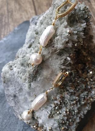 Дизайнерські сережки з бароковим перлами біва в позолоті ☀️⚪"sky cloud"3 фото