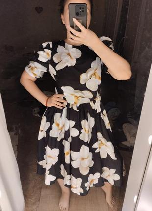 Платье принт цветочный кркпный цветок ретро винтаж приталенное объемные рукава l xl m 38 40 42