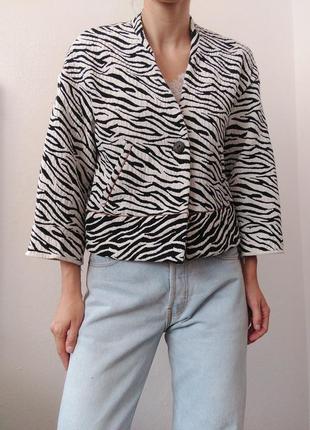Укороченный пиджак хлопок жакет зебра хлопковый пиджак zara блейзер зебра хлопок укороченный жакет пиджак оверсайз жакет черный пиджак3 фото