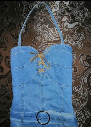 Джинсовый сарафан миди карандаш платье джинсовое с поясом голубое на шнуровке1 фото
