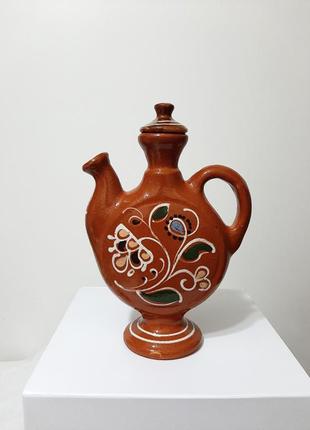 Красивый расписной чайник кувшин коричневый, бежевая глина глазурь имитация петушка посуда декор5 фото
