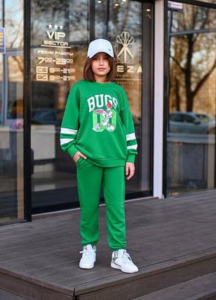 Якісний натуральний дитячий спортивний костюм для хлопчика дівчинки підлітка зелений з принтом підлітковий світшот + штани бавовна