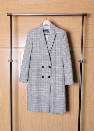 Zara вовняне двобортне пальто в клітинку клітку9 фото