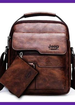 Модная мужская сумка планшет jeep повседневная + подарок кошелек портмоне темно-коричневый