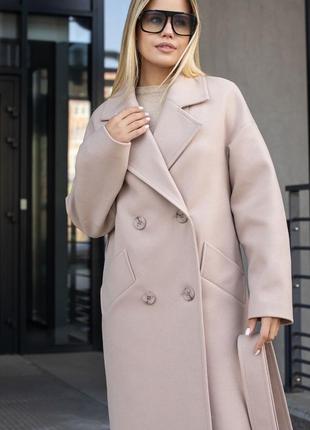 Пальто женское двубортное оверсайз утепленное, шерстяное, зимнее, бренд, длинное, однотонное, лате бежевое3 фото