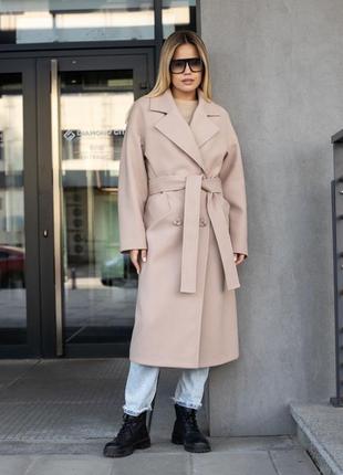 Пальто женское двубортное оверсайз утепленное, шерстяное, зимнее, бренд, длинное, однотонное, лате бежевое8 фото