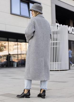 Пальто женское двубортное оверсайз утепленное, зимнее, длинное, шерстяное, бренд, клетчатое гусиная лапка2 фото