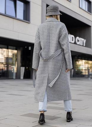 Пальто женское двубортное оверсайз утепленное, зимнее, длинное, шерстяное, бренд, клетчатое гусиная лапка7 фото