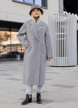 Пальто женское двубортное оверсайз утепленное, зимнее, длинное, шерстяное, бренд, клетчатое гусиная лапка4 фото