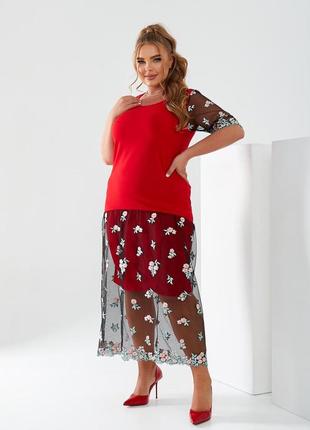 Красное обворожительное платье с сеткой и вышивкой батал 50-52,54-56,58-602 фото