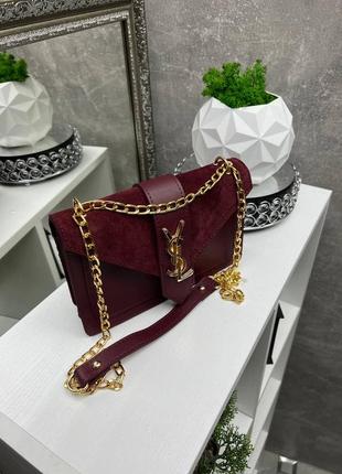 Бордовый каркасный клатч ysl, натуральная замша