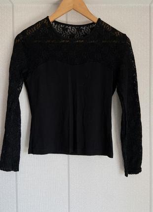 Лонгслив черный кофта с кружевом свитер джемпер1 фото