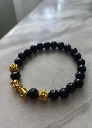 Браслет черный обсидиан натуральный со вставками дракон
