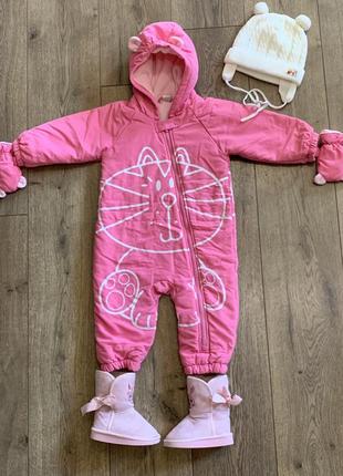 Комбинезон евро зима  на флисе с объёмной аппликацией котёнок 🐱 и ушками next (англия)